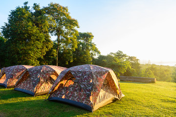 Tourist camping tents at national park in the morning time with