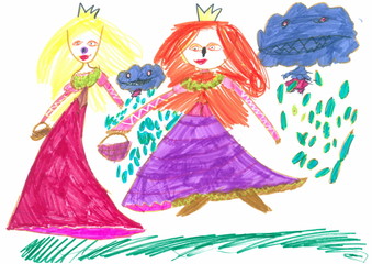 Figure drawn child colored markers on a white sheet of paper