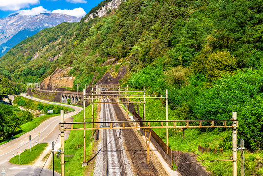 View of the Gotthard railway in Swiss Alps