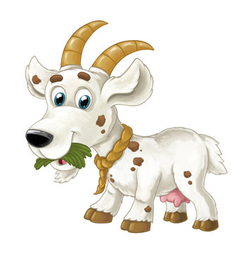 Cartoon happy horned goat is running jumping looking and smiling - artistic style - isolated - illustration for children