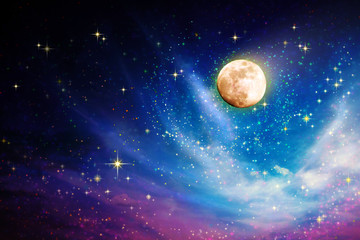 Naklejka na ściany i meble Space of night sky with full moon and stars.