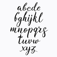Vector handwritten brush script, calligraphy alphabet on white background. Hand drawn letters.