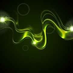Glowing green neon waves on black background