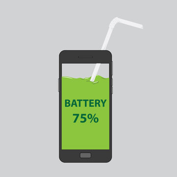 Vector of Smartphone with battery drink for battery drain concept