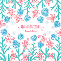 Christmas hand drawn frame for xmas design. Vintage Xmas invitation card design. Linear graphic. New year vector illustration.