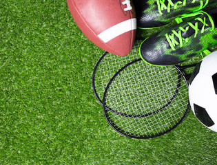 Various sport tools on grass