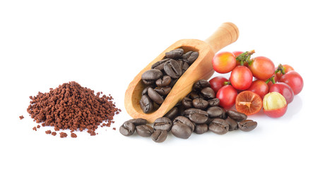 instant coffee with lcoffee beans on white background