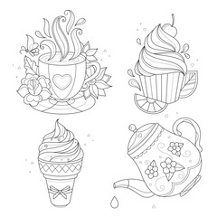 Coloring page set. Cupcake, ice cream, tea pot, cup.