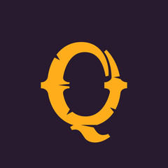 Q letter logo. Vintage serif type with rough edges.