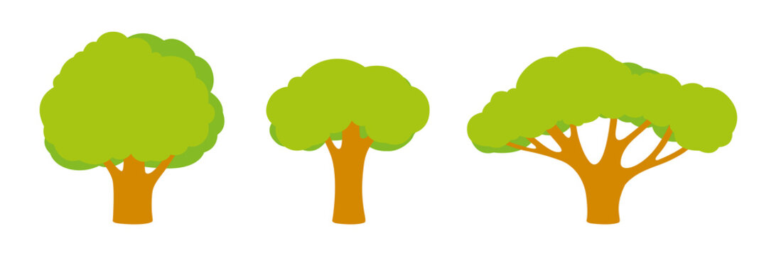 Set of trees of different shapes and sizes with a bright green foliage, branches, leaves. Objects, icons in flat style Components for landscape pictures, game locations and nature, vector