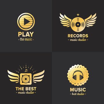 Music studio and radio gold logo vintage vector set. Part two.
