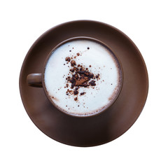 Top view of hot chocolate, cocoa,  with frothed milk in ceramic