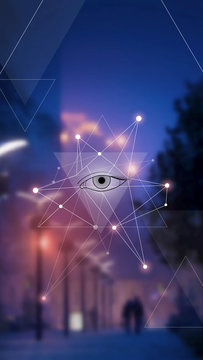 Masonic eye in a pyramid, hipster triangles and molecule structure background on blur photo background. Vector design for music albums, posters, flyers, web design and mobile application.
