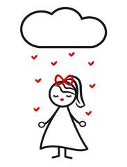 cute lovely black white red stick figure girl and cloud drops hearts concept vector illustration


