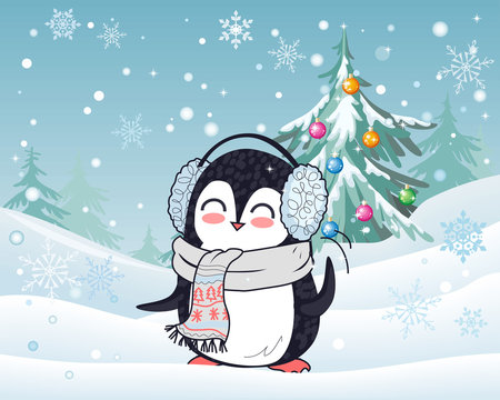 Penguin in Scarf and Headphones Winter Landscape