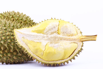 yellow durian  mon thong and durian peeled is  fruit plate tropical durian on white background...
