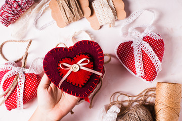 Red polka dot textile hearts