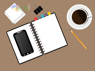 Notepad, pencil, glasses, paper sheet isolated on white background with place for text.