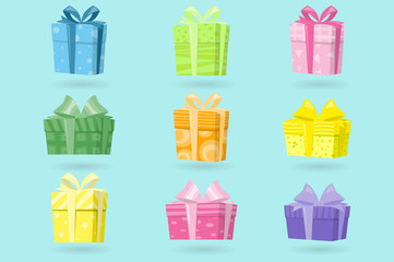 Set of colorful gift boxes. Design elements for decoration holidays greeting card, posters, banners. Happy birthday or merry christmas and happy new year. Cartoon style. Vector illustration