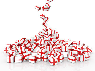 Falling Christmas gift boxes on white background