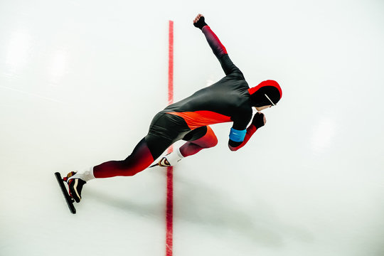 Male Athlete Speed Skater Start In Sprint Race In Competitions Speed Skating