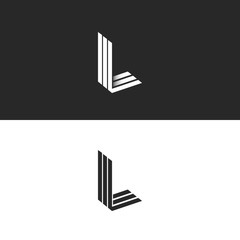 Monogram L logo hipster letter, isometric shape LLL emblem 3D parallel thin line, mockup linear initials typography design element