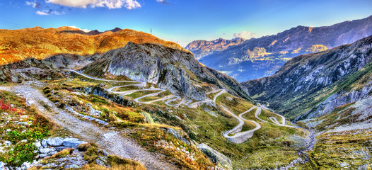 Serpentine road to the St. Gotthard Pass in the Swiss Alps - obrazy, fototapety, plakaty