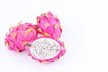 sliced  raw organic dragon fruit (dragonfruit) or pitaya on white background healthy dragon fruit...