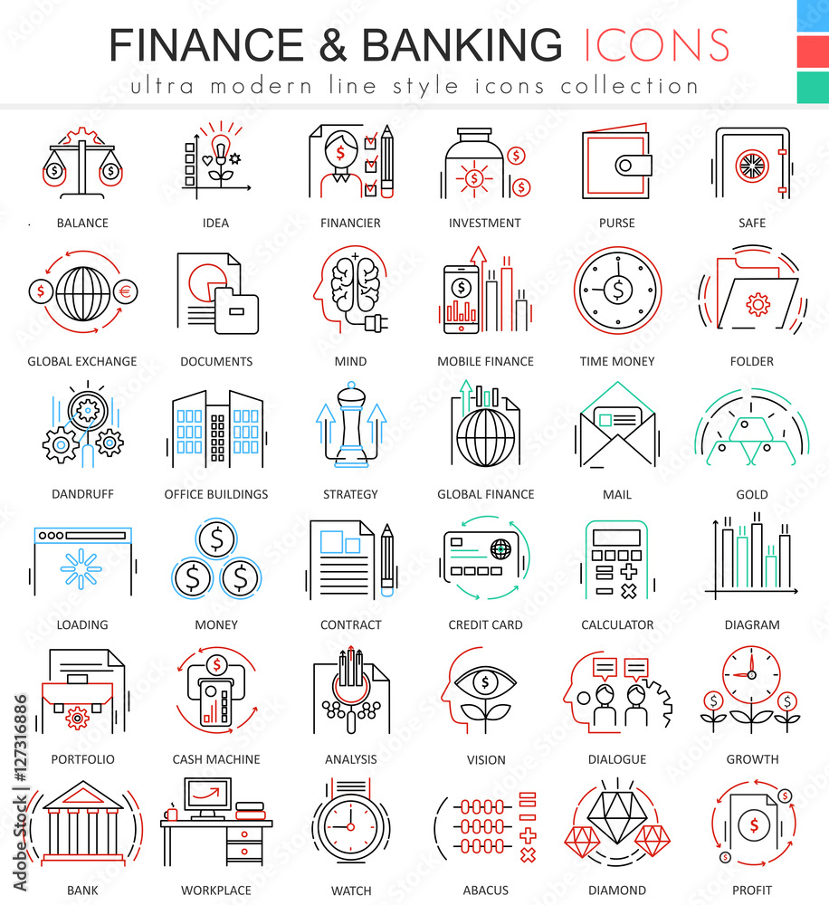 Poster Vector finance and banking ultra modern color outline line icons for apps and web design. Finance money icons set.