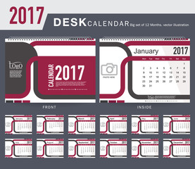 Desk Calendar 2017 Vector Design Template. Big set of 12 Months. Week Starts Monday