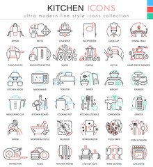 Vector Kitchen color flat line outline icons for apps and web design. Kitchen tools icons.