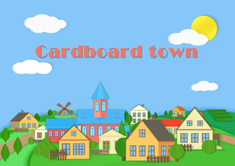 Old town cardboard village landscape. Paper color style village vector illustration.