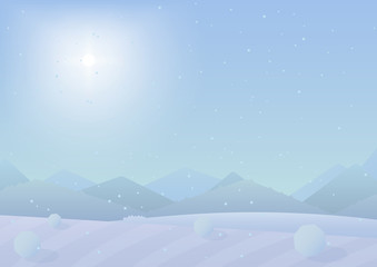 Beautiful simple flat Chrismas winter mountains landscape background. New Year vector greeting card.