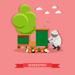 Fototapeta premium Vector illustration of apiarist sitting near beehive, flat style