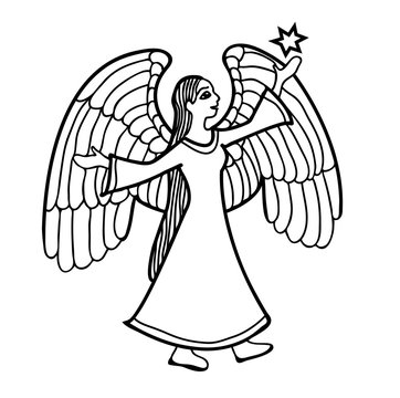 Vector illustration of angel with star black and white