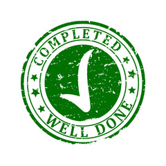 Scratched round green stamp with the words - completed, well done - Vector svg