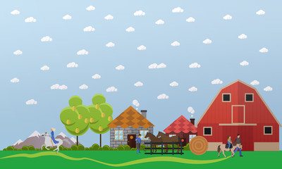 Horse farm, stable, horses and stablemen, equitation, vector illustration