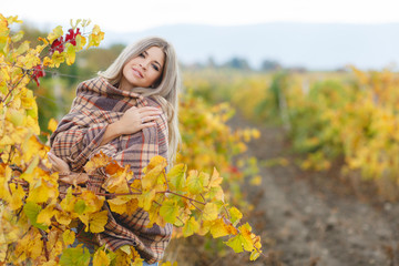 Young beautiful woman with long blonde straight hair and grey eyes,posing outdoors on the plantation of grapes in autumn on a background of yellow and red falling leaves,shoulders draped beige plaid