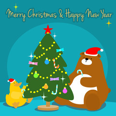 Bear duck decorate christmas tree vector illustration