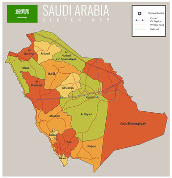 Saudi Arabia map with selectable territories. Vector