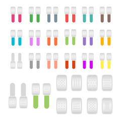 Set of colorful toggle switch icons. Switch buttons. On and Off position. Vector user interface set including switches.