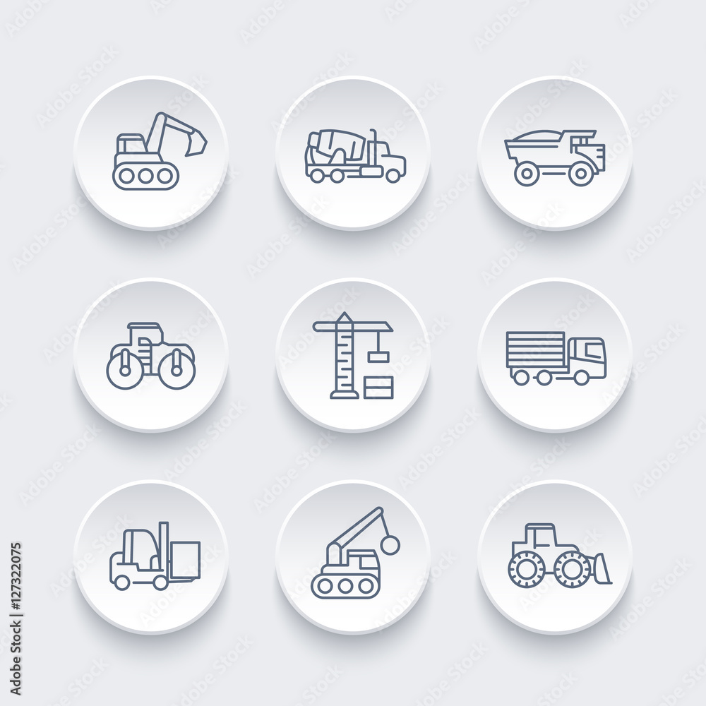 Canvas Prints construction vehicles line icons set, heavy machine, engineering equipment, digger, trucks, excavator, loader, crane