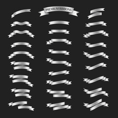 Silver ribbons vector set on black background. Premium ribbons s