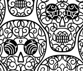 Skulls seamless background pattern . Floral design elements .Fabric swatch. Tribal style. Monochrome vector illustration hand drawn. Line art.