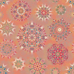 Fototapeta na wymiar ornate floral seamless texture, endless pattern with flowers looks like retro snowflakes or snowfall. Seamless pattern can be used for wallpaper, pattern fills, web page background, surface textures.