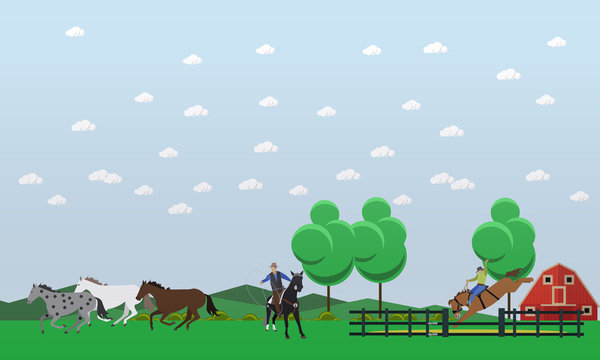 Vector Illustration Of People Taming Wild Horses Near Horse Farm