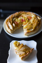 Apple homemade cake in the form of beautiful roses cofee yellow