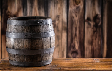 Wooden barel. Old wooden keg. Barel on beer vine whiskey brandy rum or cognac.
