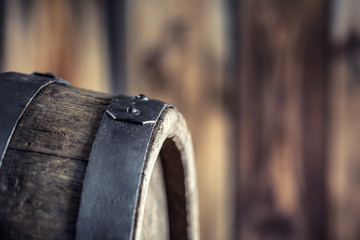 Wooden barel. Old wooden keg. Barel on beer vine whiskey brandy rum or cognac.