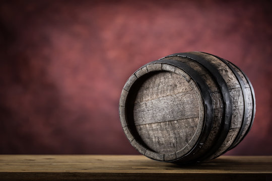 Wooden barel. Old wooden keg. Barel on beer vine whiskey brandy rum or cognac.